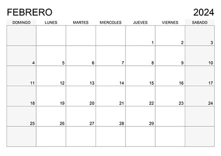 Calendario febrero 2024 (el domingo es el primer día de la semana) calendario-2024-febrero-desde-el-domingo-01