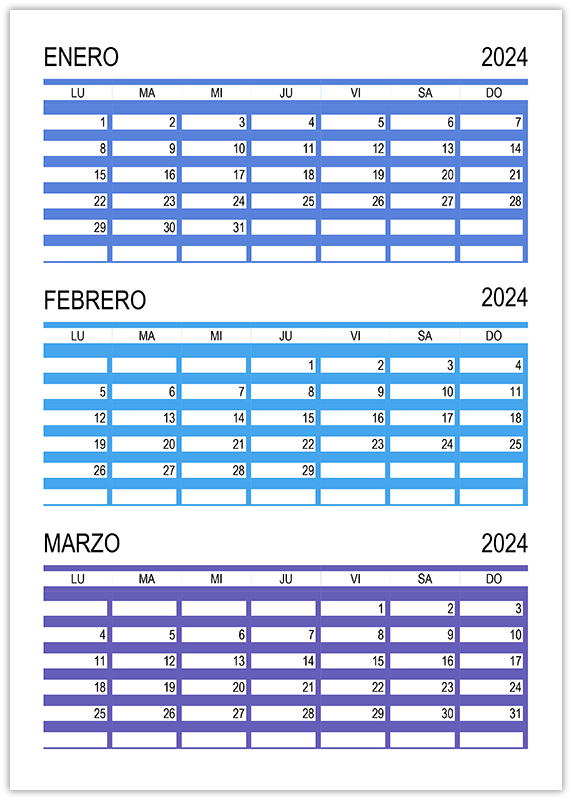Calendario enero, febrero, marzo 2024