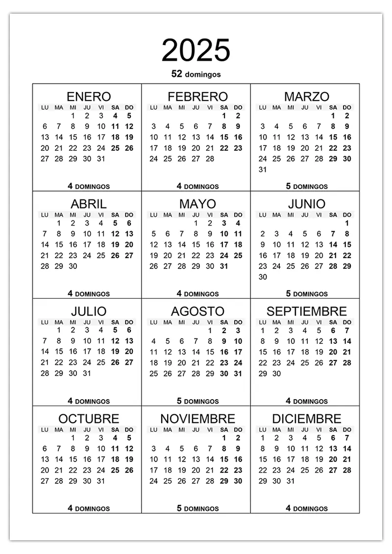 Cuántos domingos hay en el año 2025