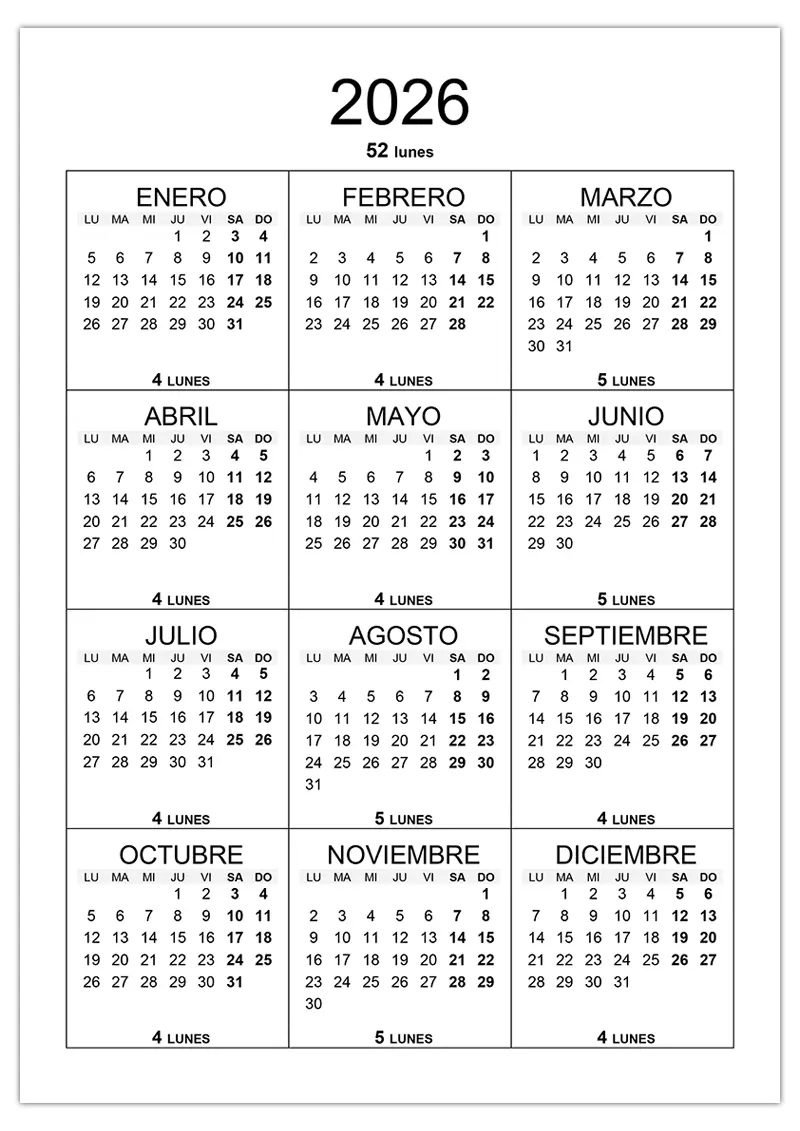 ¿Cuántos lunes hay en 2026? Cuántos lunes hay en 2026