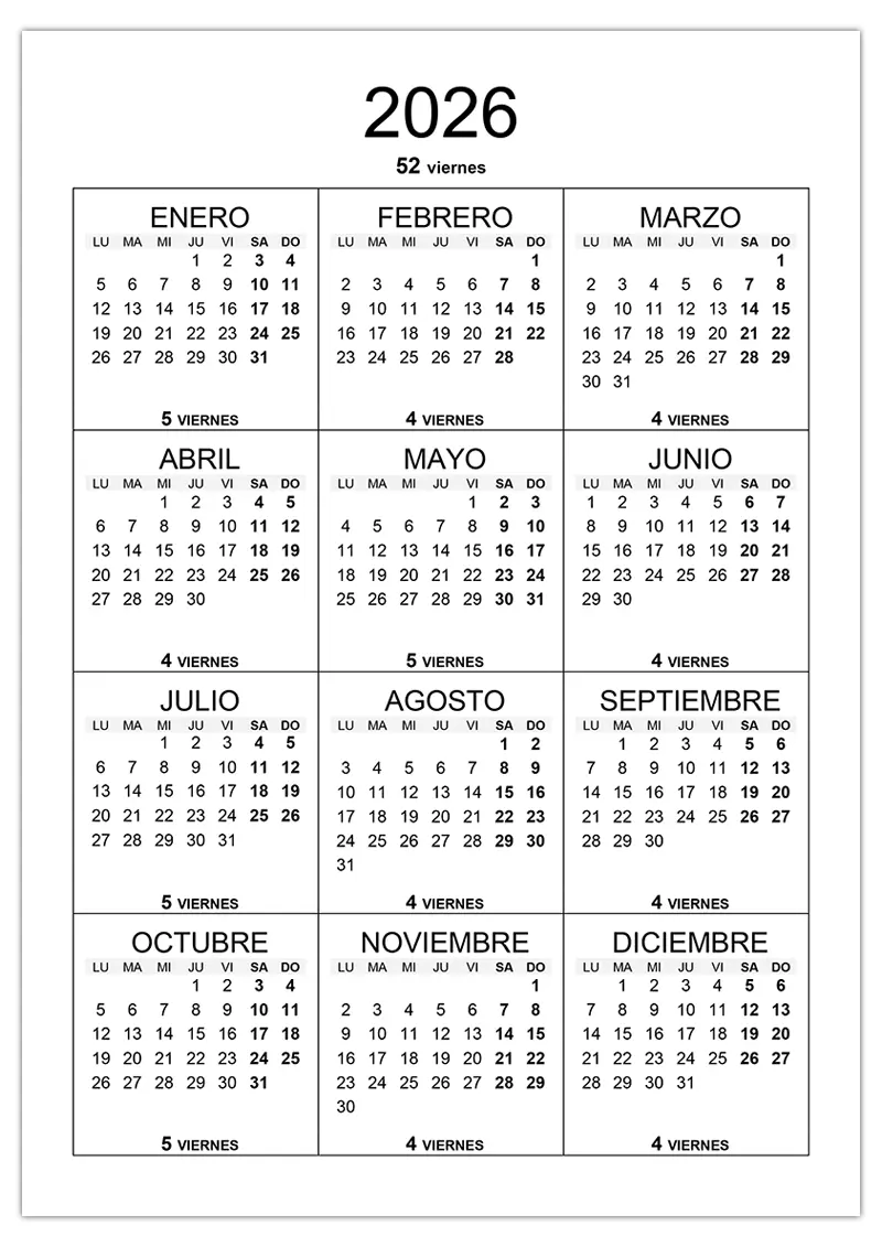 ¿Cuántos viernes hay en el año 2026? Cuántos viernes hay en el año 2026