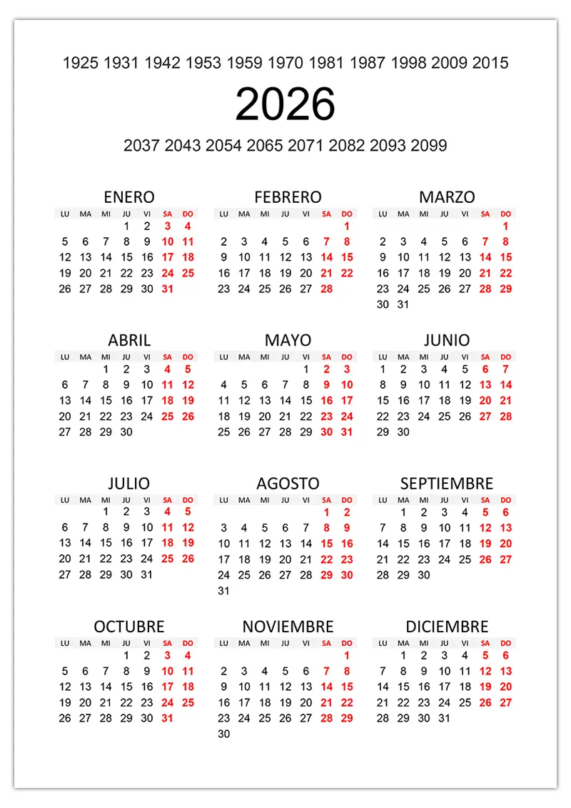 Qué año coincide con el calendario 2026